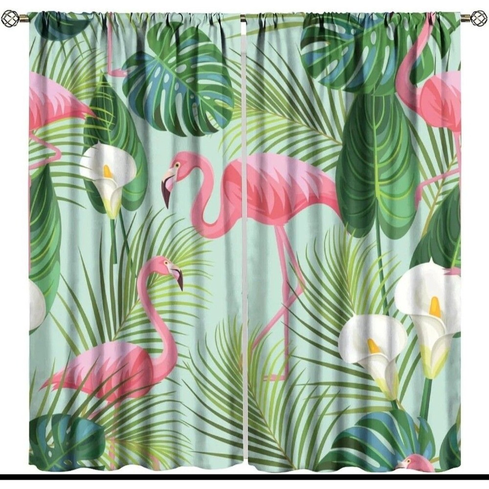 GEEORY Tropical Leaf & Flamingo Window Curtain Panel Pair - Green/Pink 84" NIP